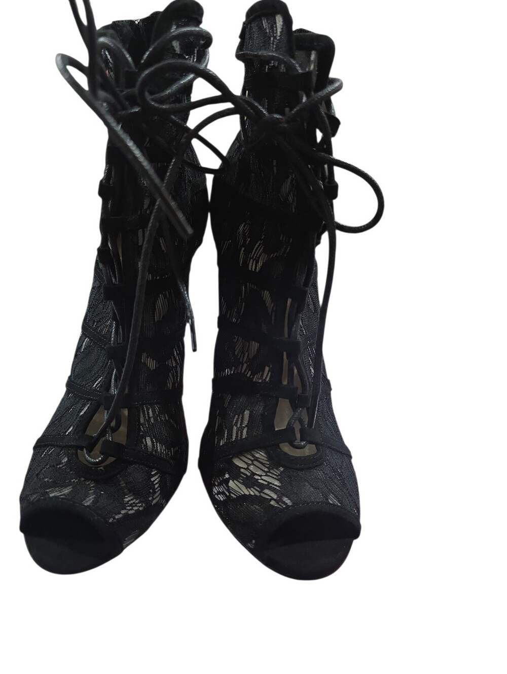 Chinese Laundry Jingle Black Lace-Up Peep-Toe Heels - Women's Lace Booties